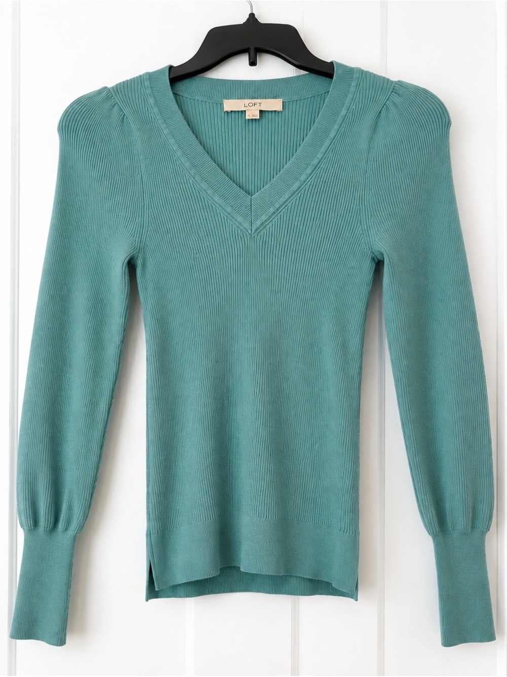 LOFT Teal Ribbed V-Neck Sweater with Puff Shoulders